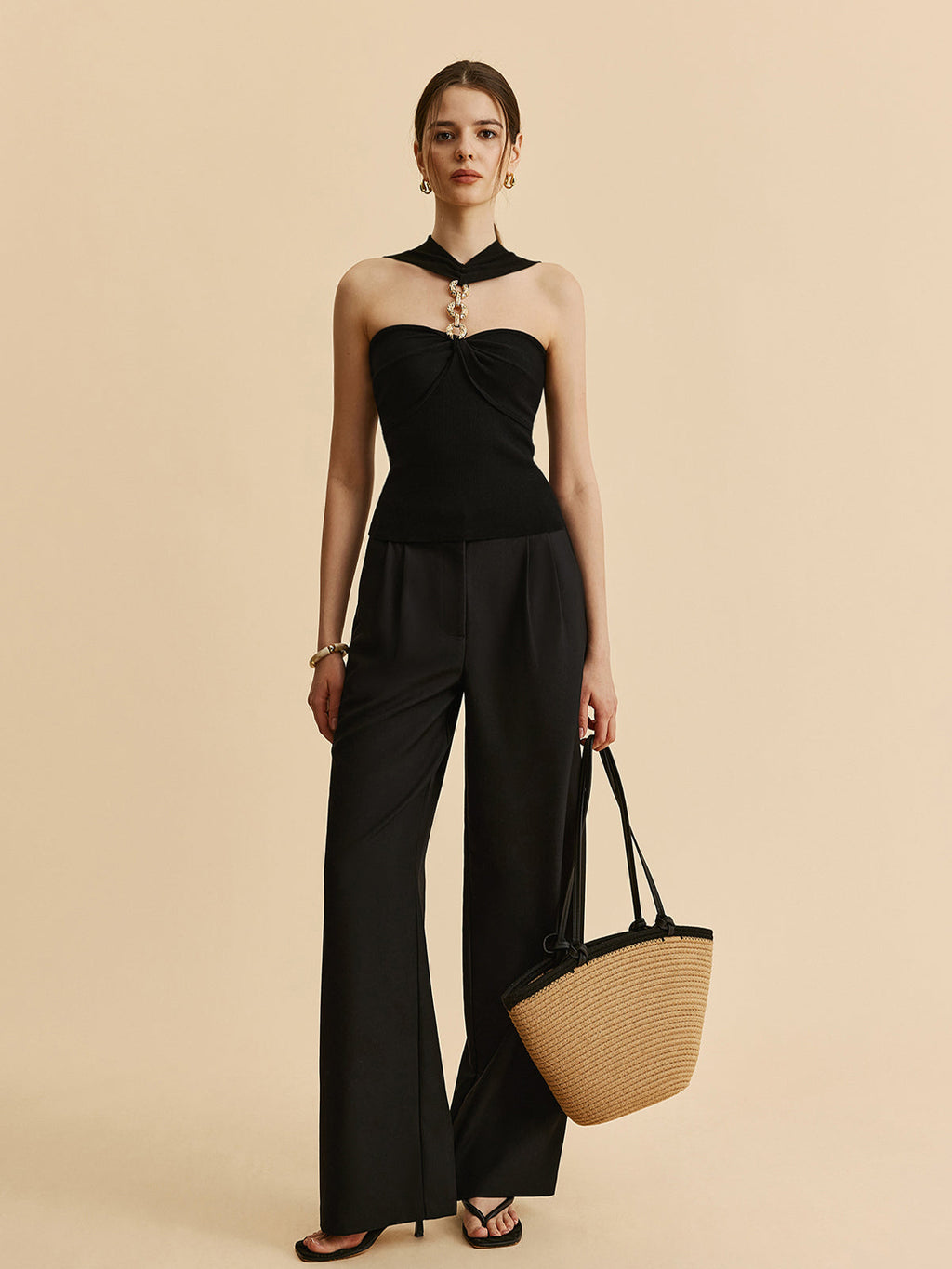 Halter Yaka Zincir Detaylı Örgü Üst