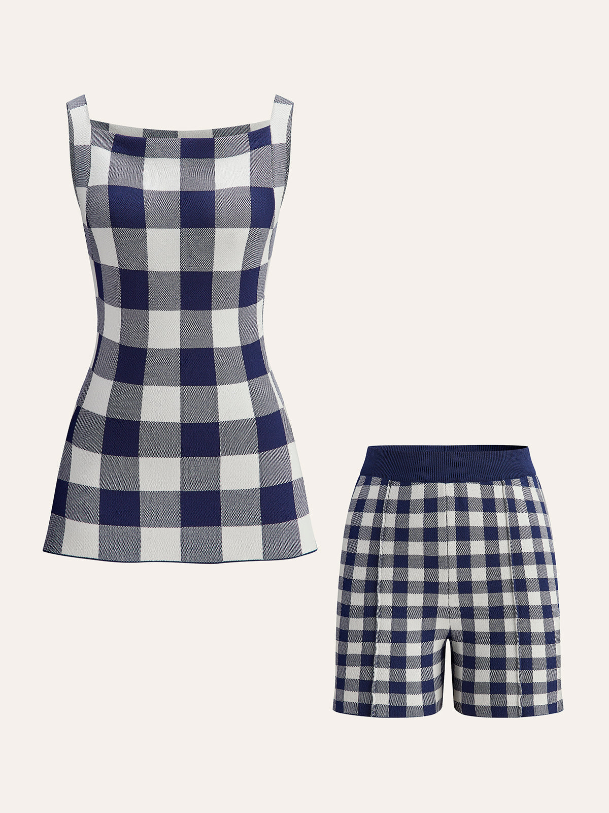 Dama Tahtası Kolsuz Örgü Şort Takımı