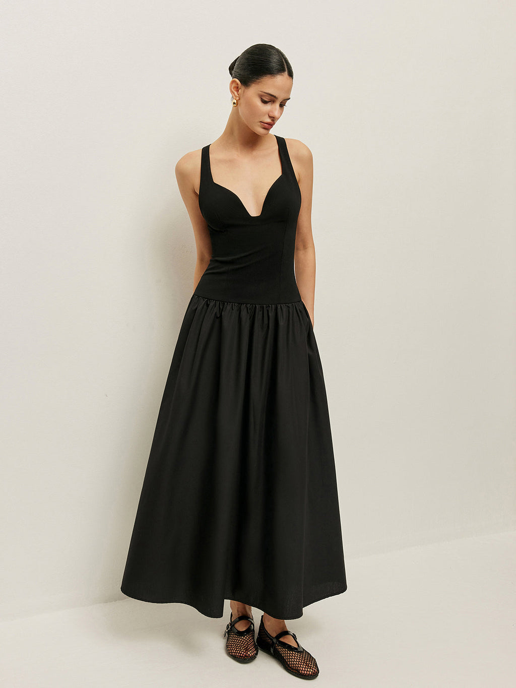 Çapraz Sırt Kontrast Kumaş Elbise