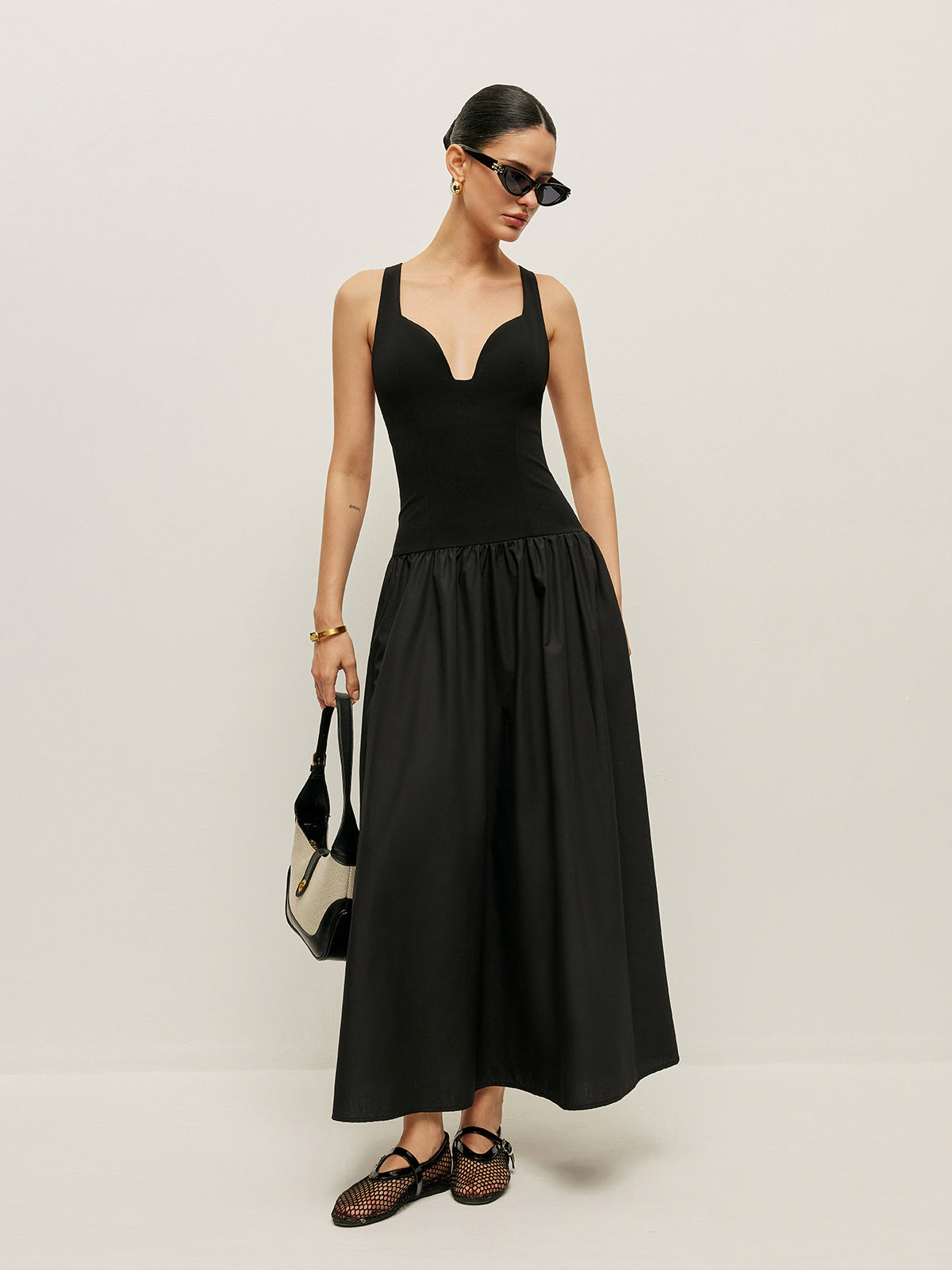 Çapraz Sırt Kontrast Kumaş Elbise