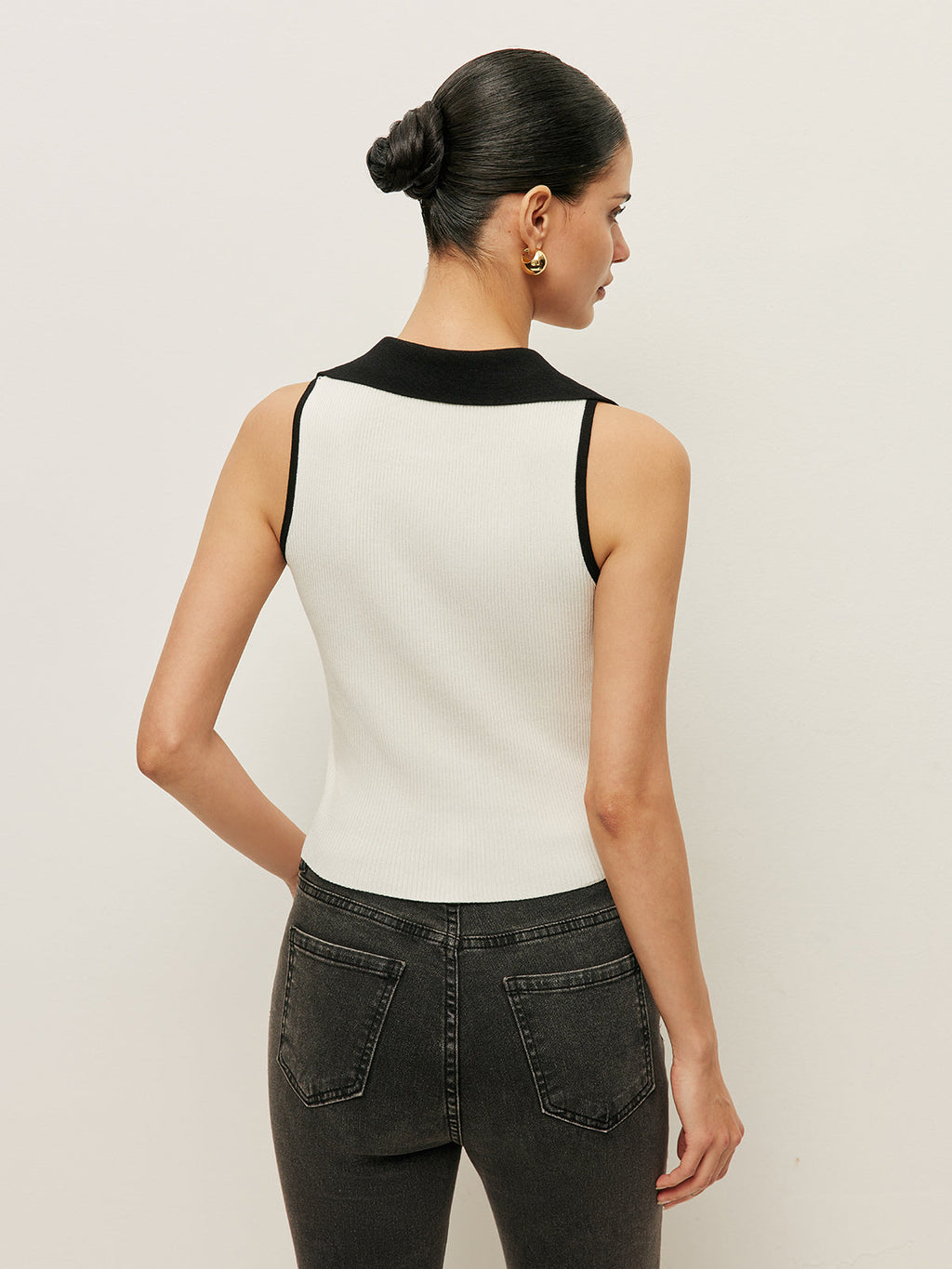 Kontrast Trim Yaka Düğmeli Örgü Yelek