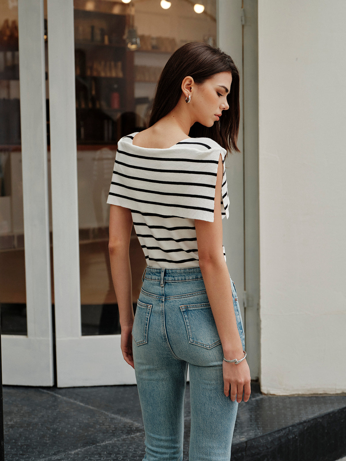 Çizgili Şal Yaka Örgü Üst