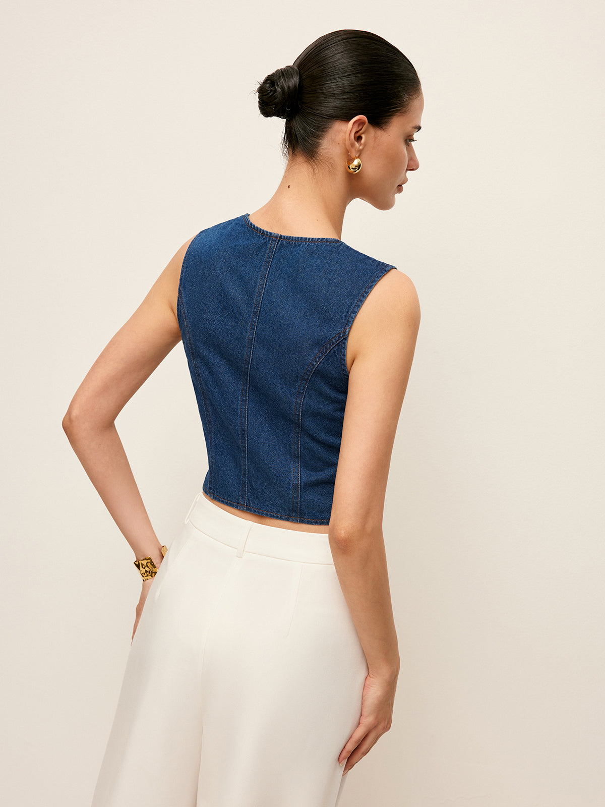 Pamuklu Kare Yaka Düğme Detaylı Kot Üst