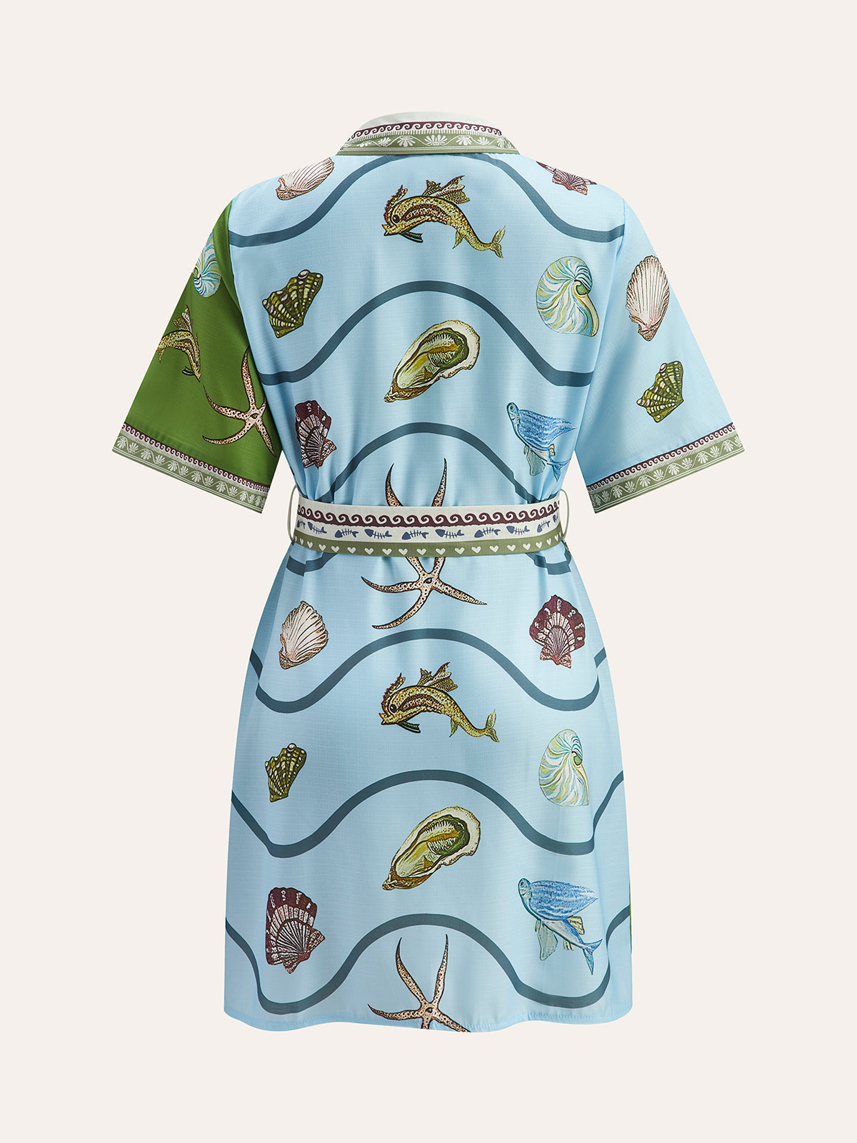 Düğmeli Yaka Su Desenli Gömlek Kemerli