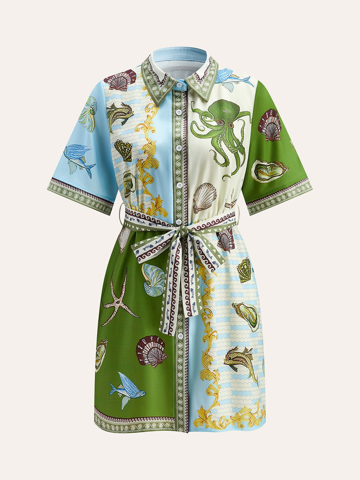 Düğmeli Yaka Su Desenli Gömlek Kemerli