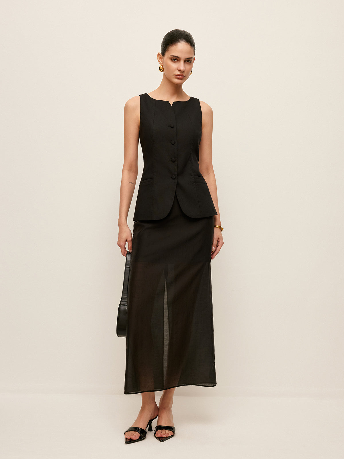 Pamuk Ve Keten Düğmeli Ön Yelek Kemersiz