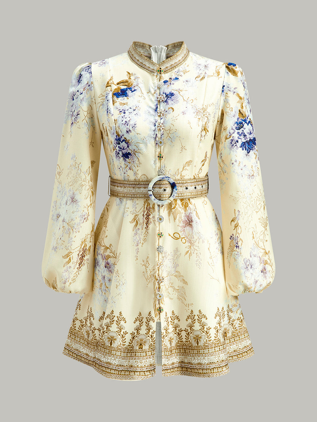 Çiçek Desenli Kabarık Kollu Elbise Kemerli