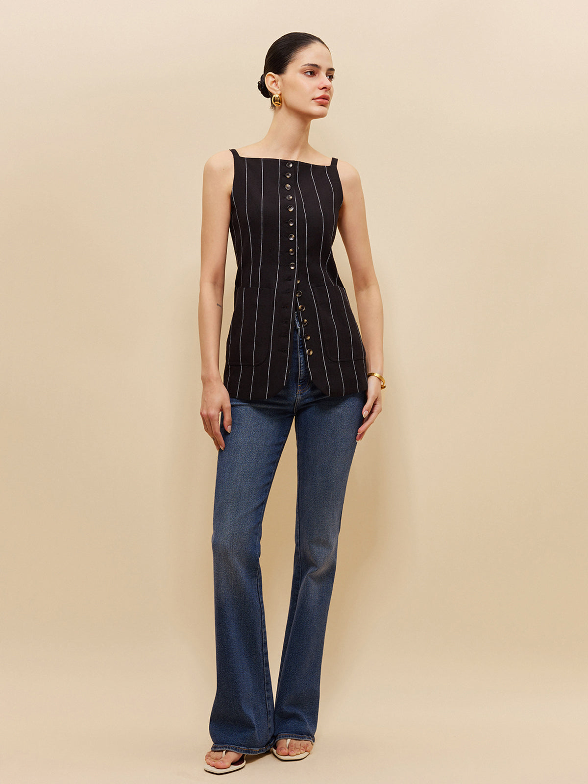 Keten Ve Pamuklu Kolsuz Düğmeli Yelek