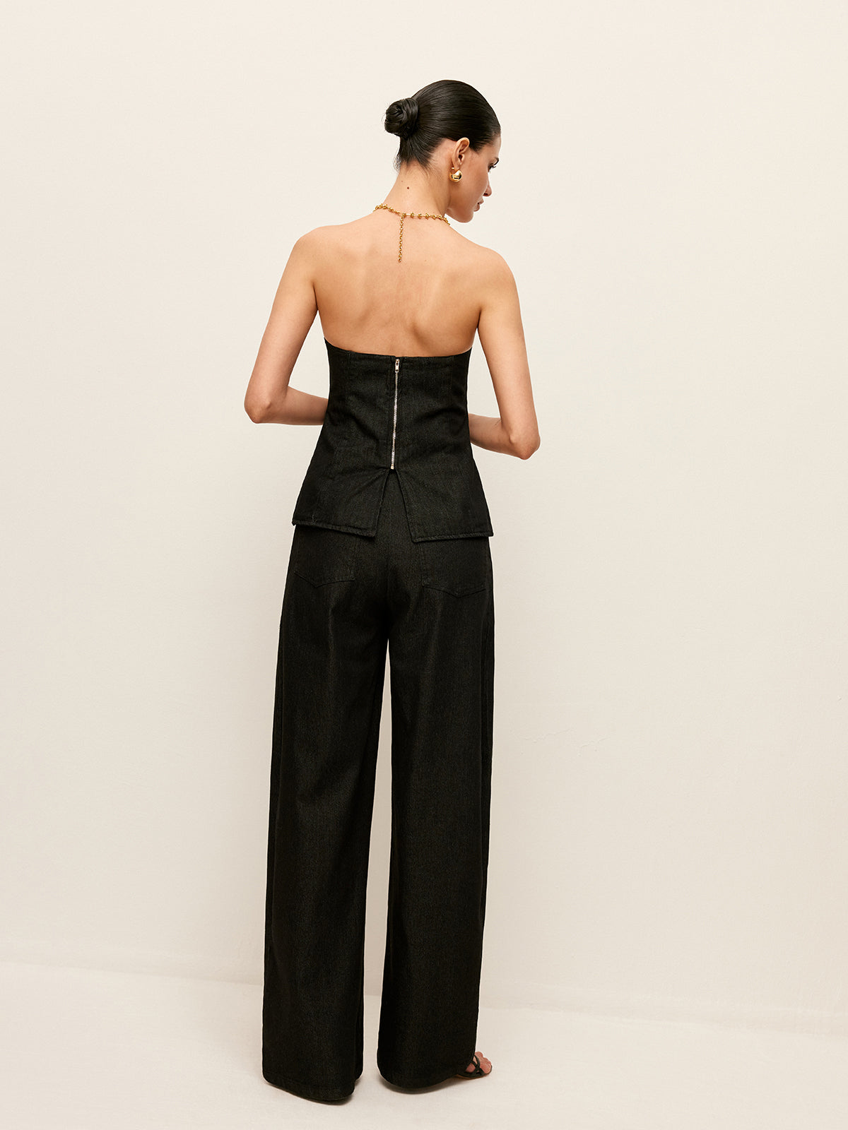 Sırt Fermuarlı Straplez Kot Üst