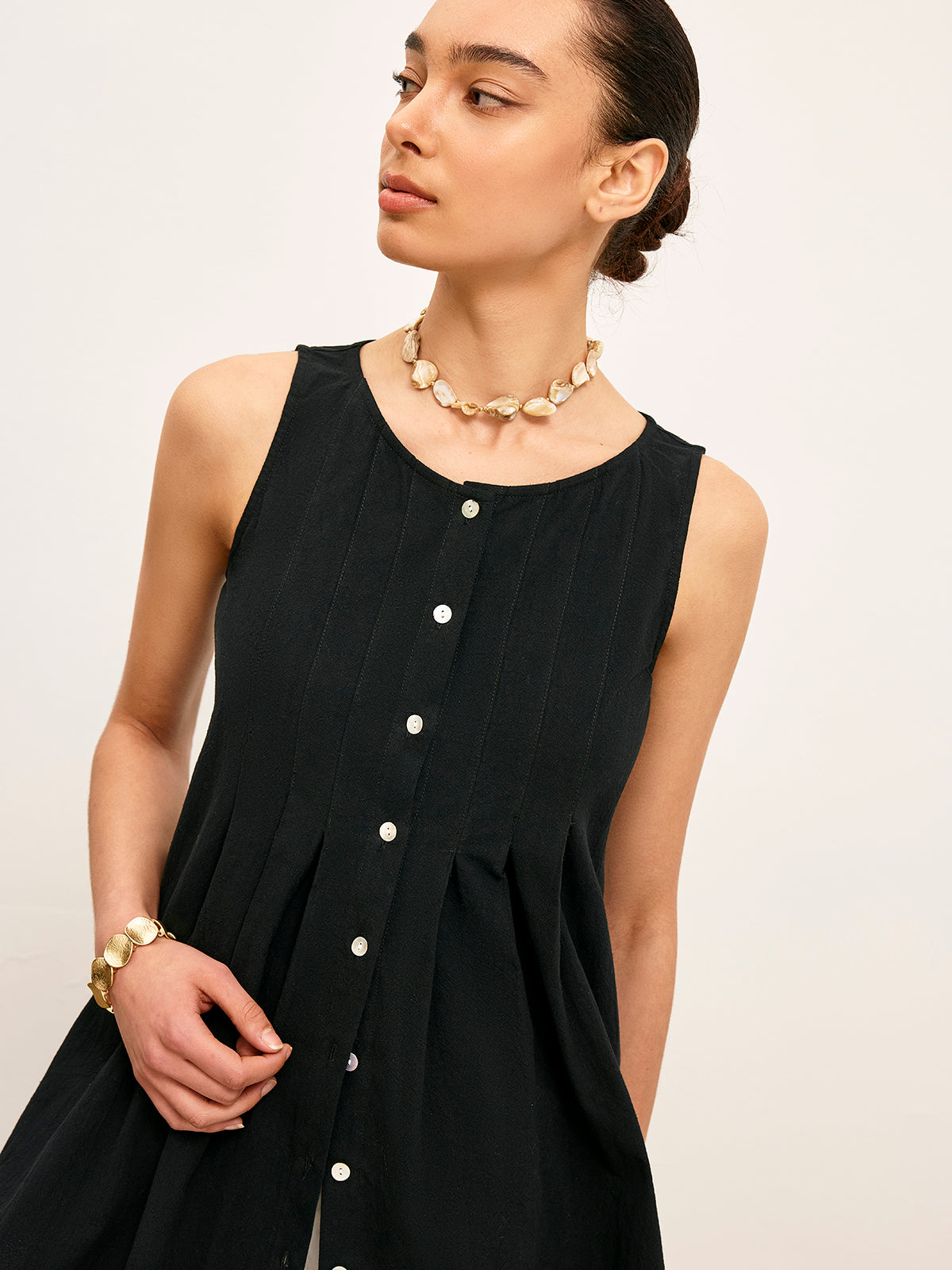 Pamuk Ve Keten Pileli Düğmeli Üst