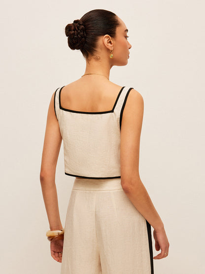 Pamuk Ve Keten Kontrast Kenarlı Kare Yakalı Tank Top