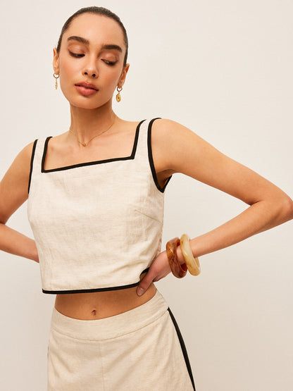 Pamuk Ve Keten Kontrast Kenarlı Kare Yakalı Tank Top