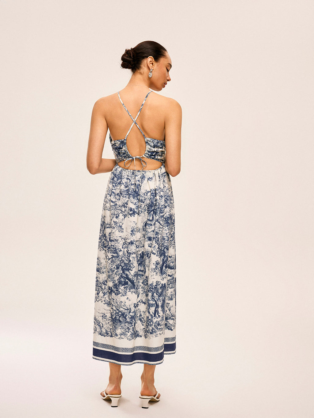 Baskılı Kontrast Kenarlı Düğümlü Bölünmüş Elbise