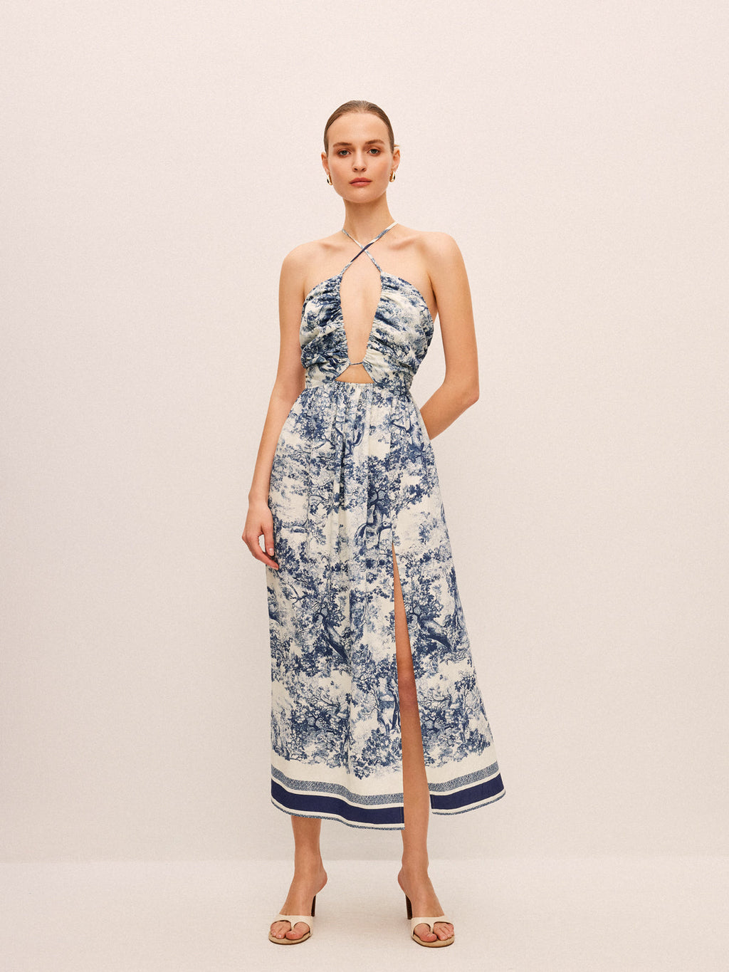 Baskılı Kontrast Kenarlı Düğümlü Bölünmüş Elbise