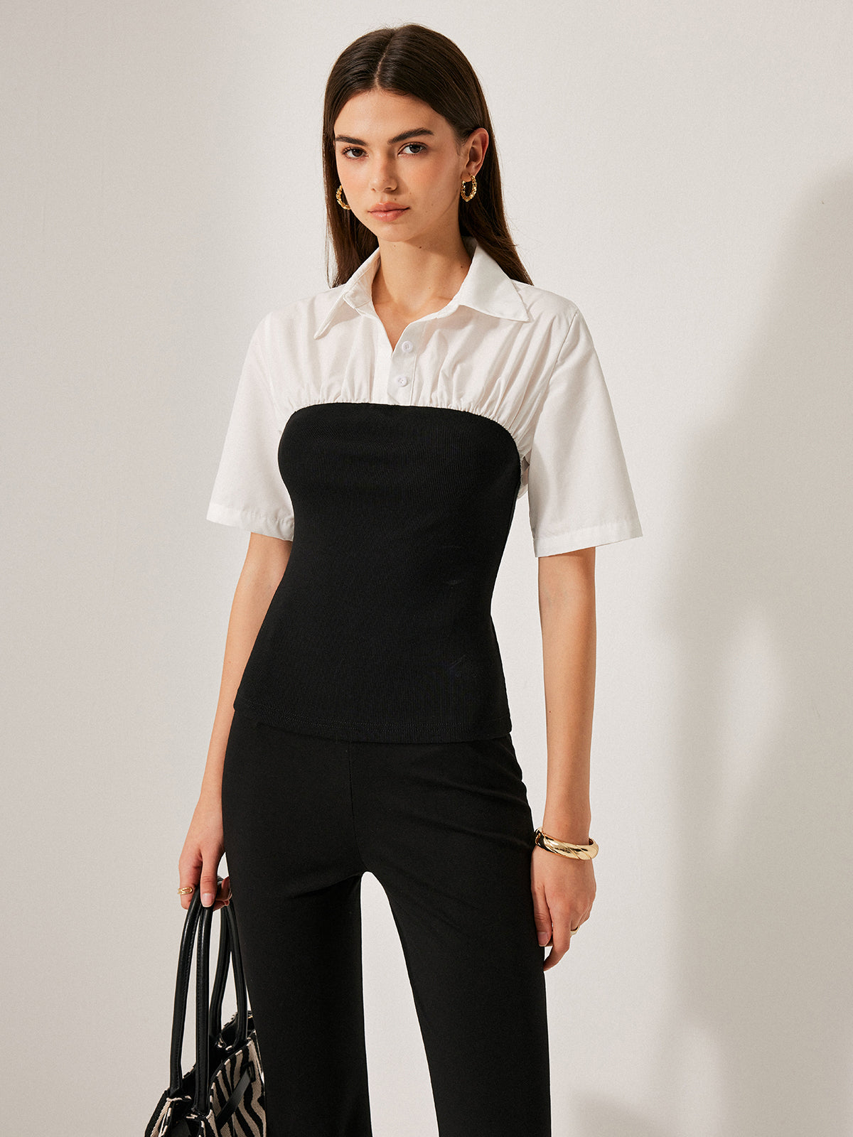 2'Si 1 Arada Panel Dekor Düğme Yaka Bluz