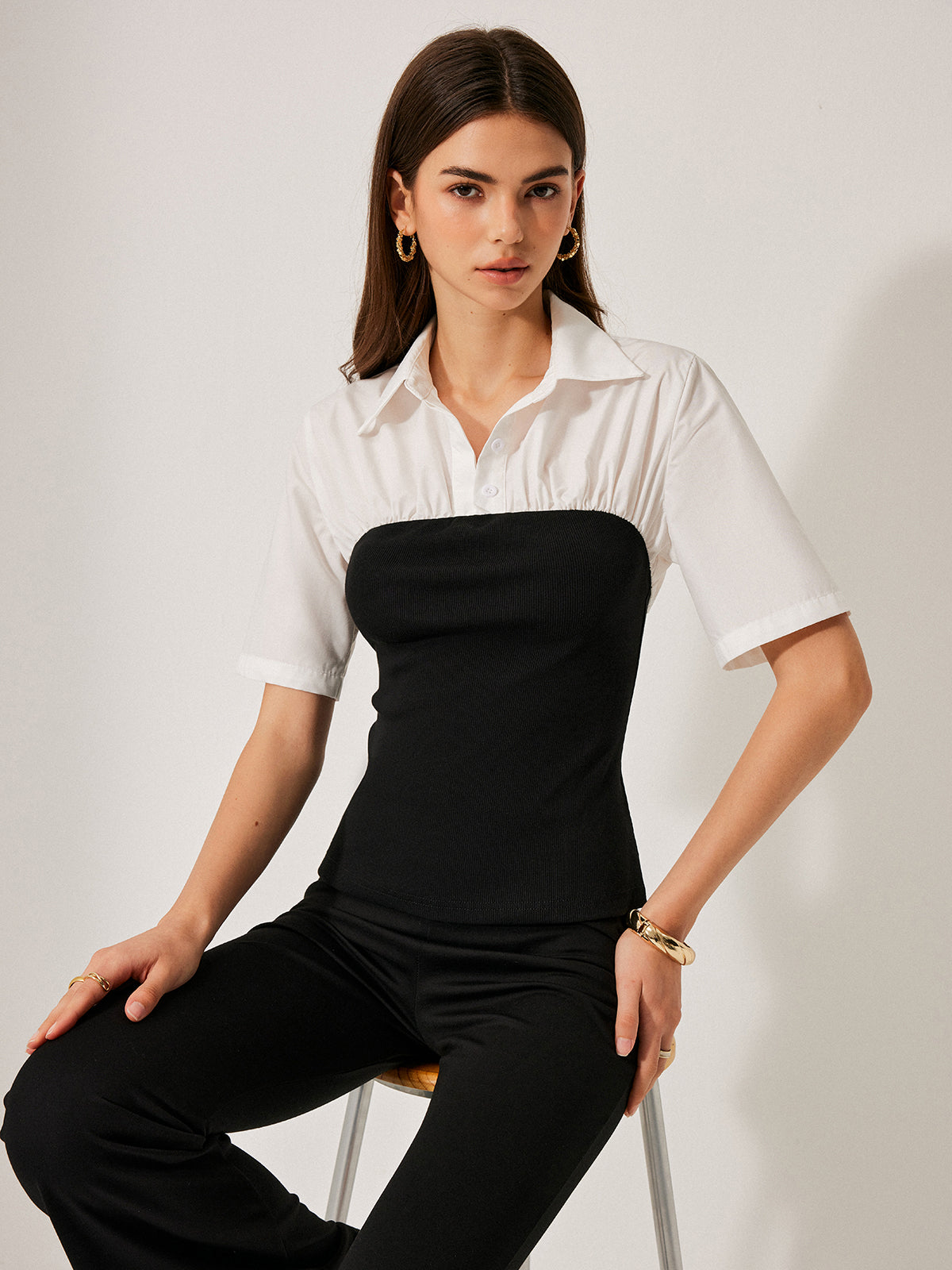 2'Si 1 Arada Panel Dekor Düğme Yaka Bluz