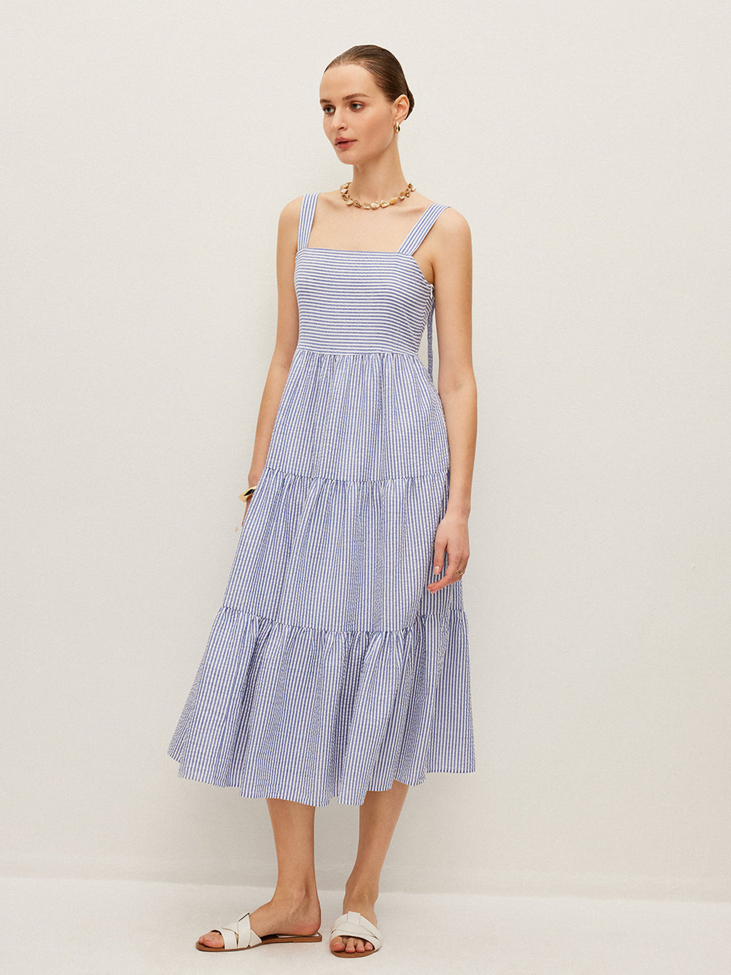 Çizgili Düğme Detaylı Kolsuz Elbise
