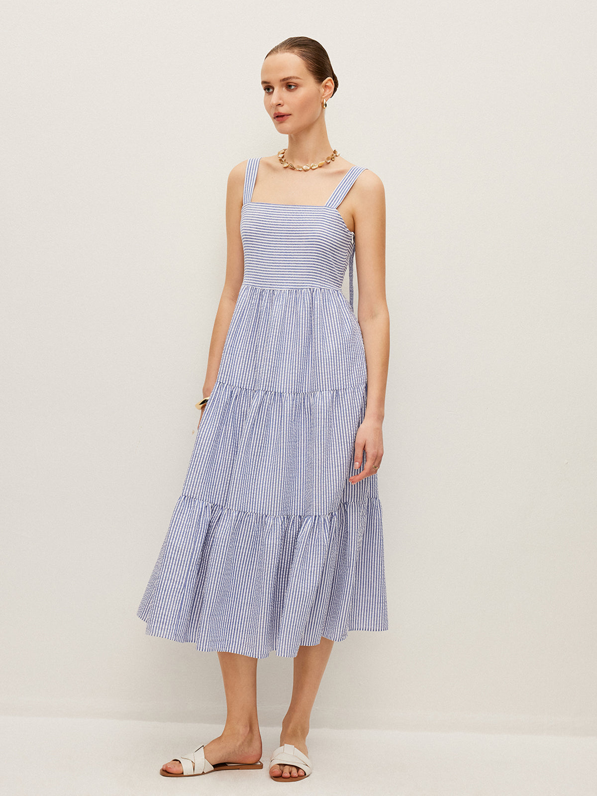 Çizgili Düğme Detaylı Kolsuz Elbise