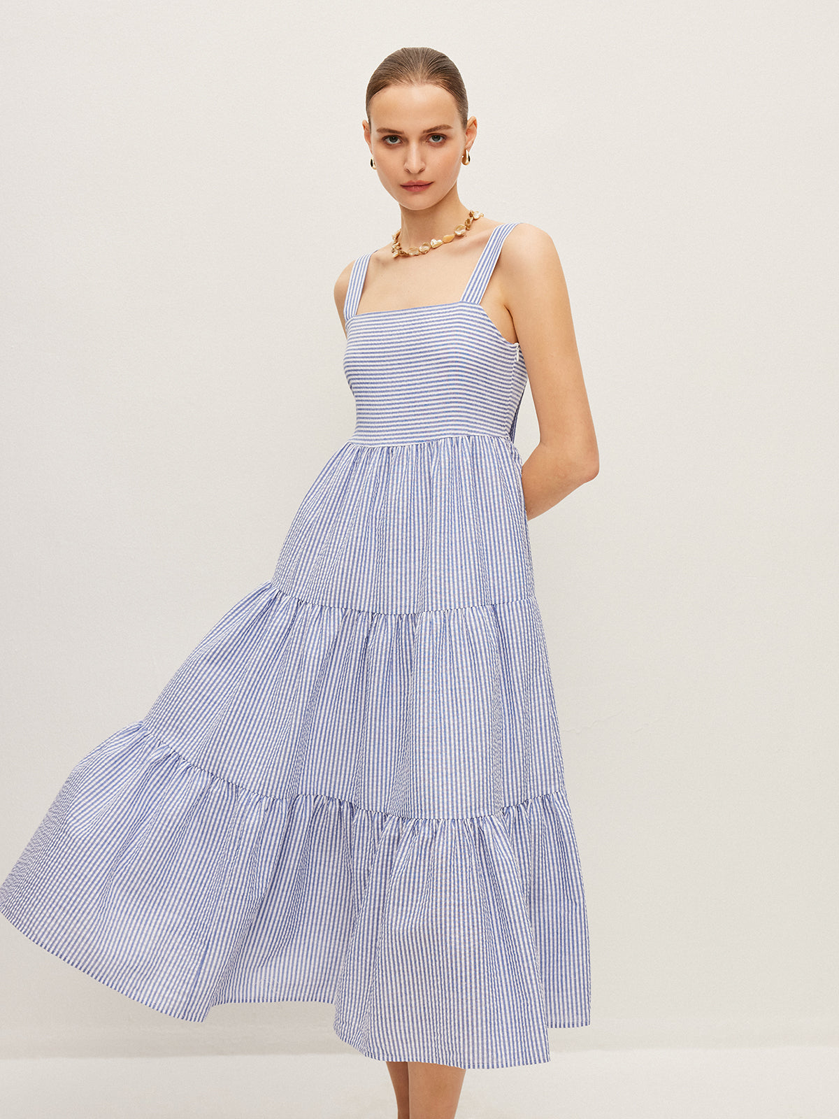 Çizgili Düğme Detaylı Kolsuz Elbise