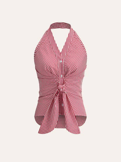 Çizgili Halter Bağlamalı Üst