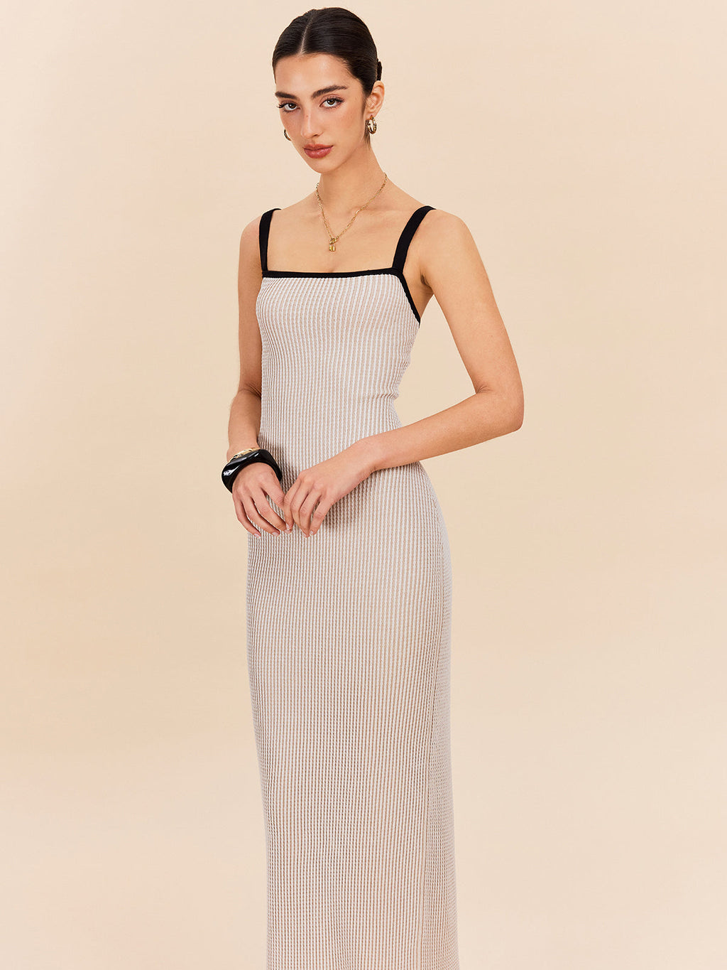 Çizgili Kontrast Kesim İnce Askılı Kazak Elbise