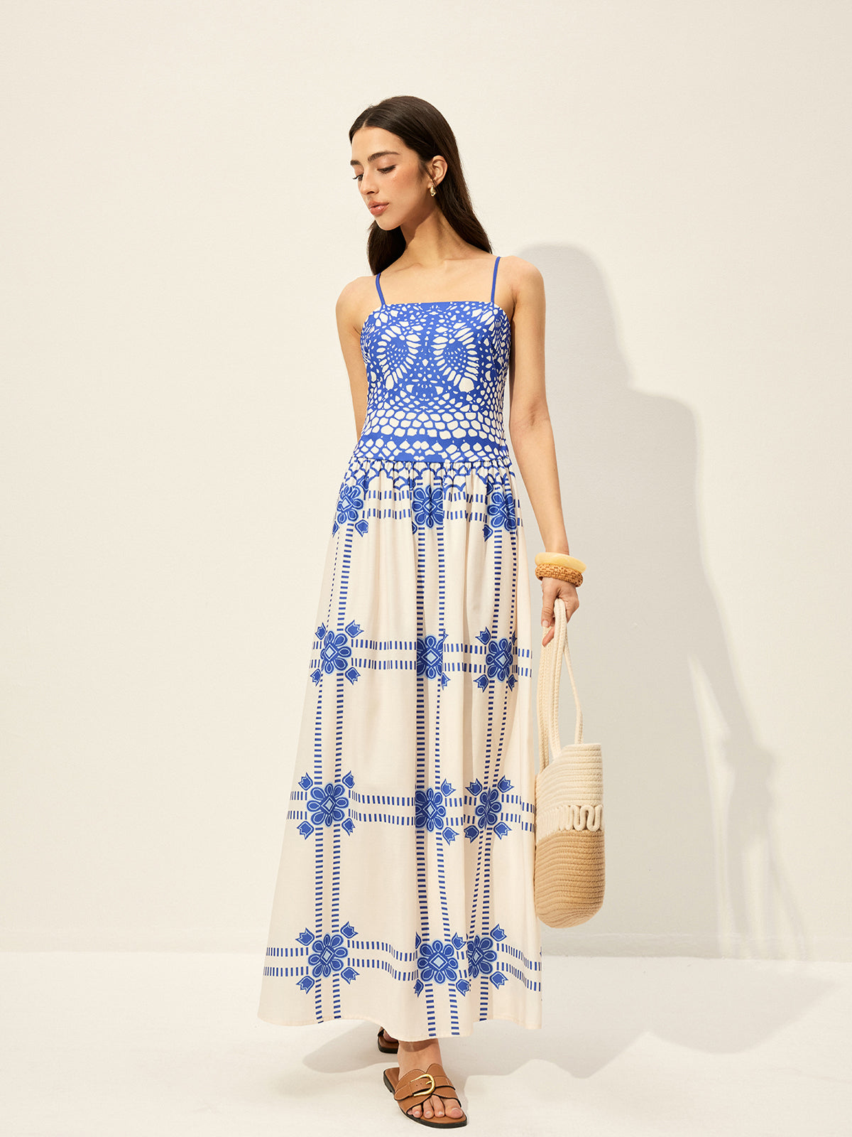 Baskı Ayarlanabilir Spagetti Askılı Fermuarlı Elbise