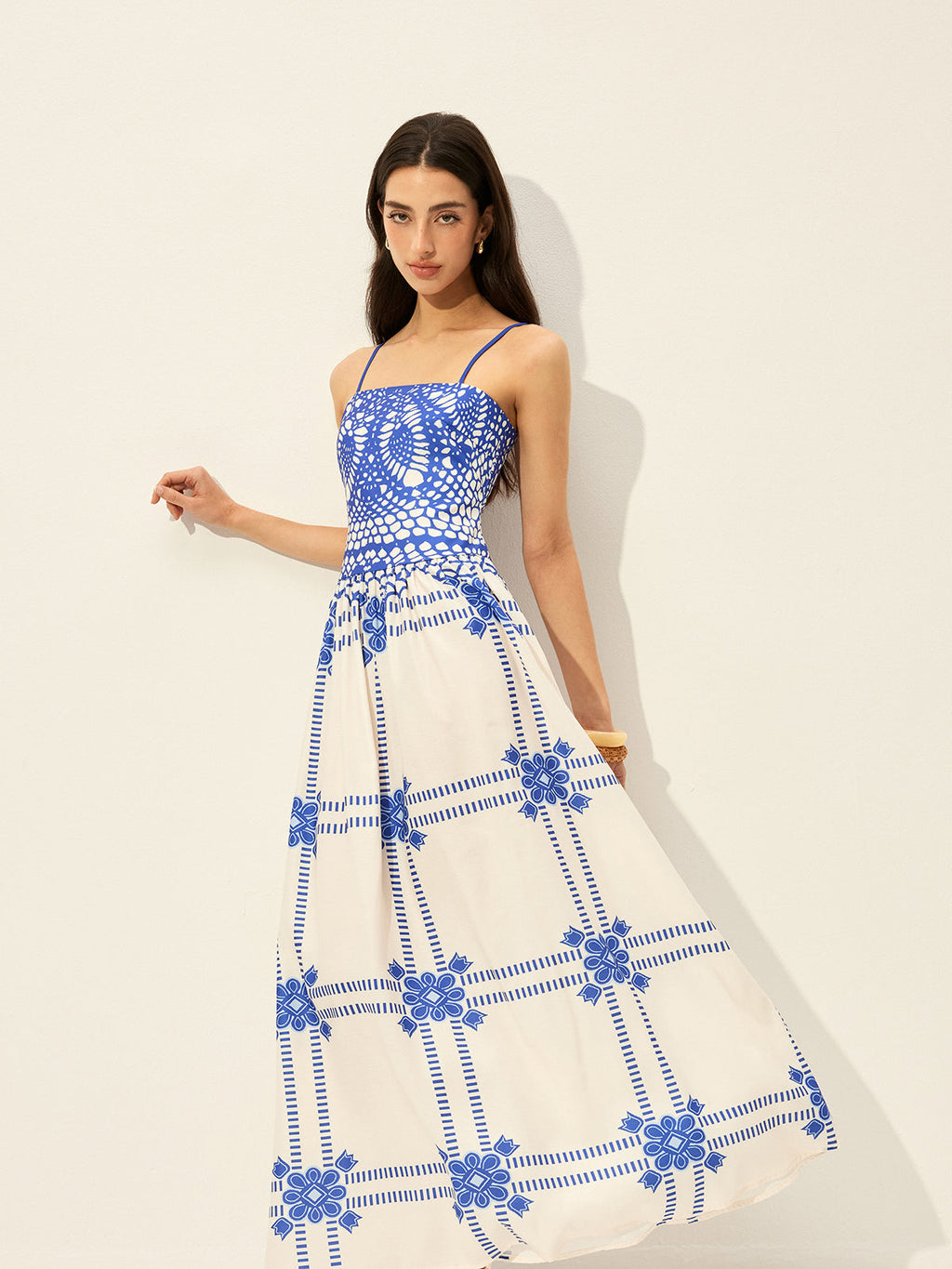 Baskı Ayarlanabilir Spagetti Askılı Fermuarlı Elbise