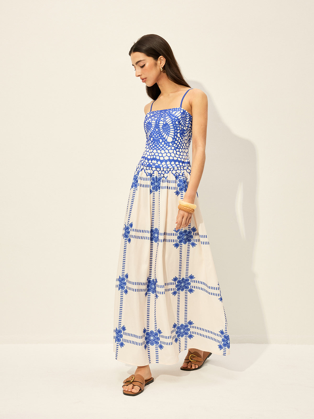 Baskı Ayarlanabilir Spagetti Askılı Fermuarlı Elbise