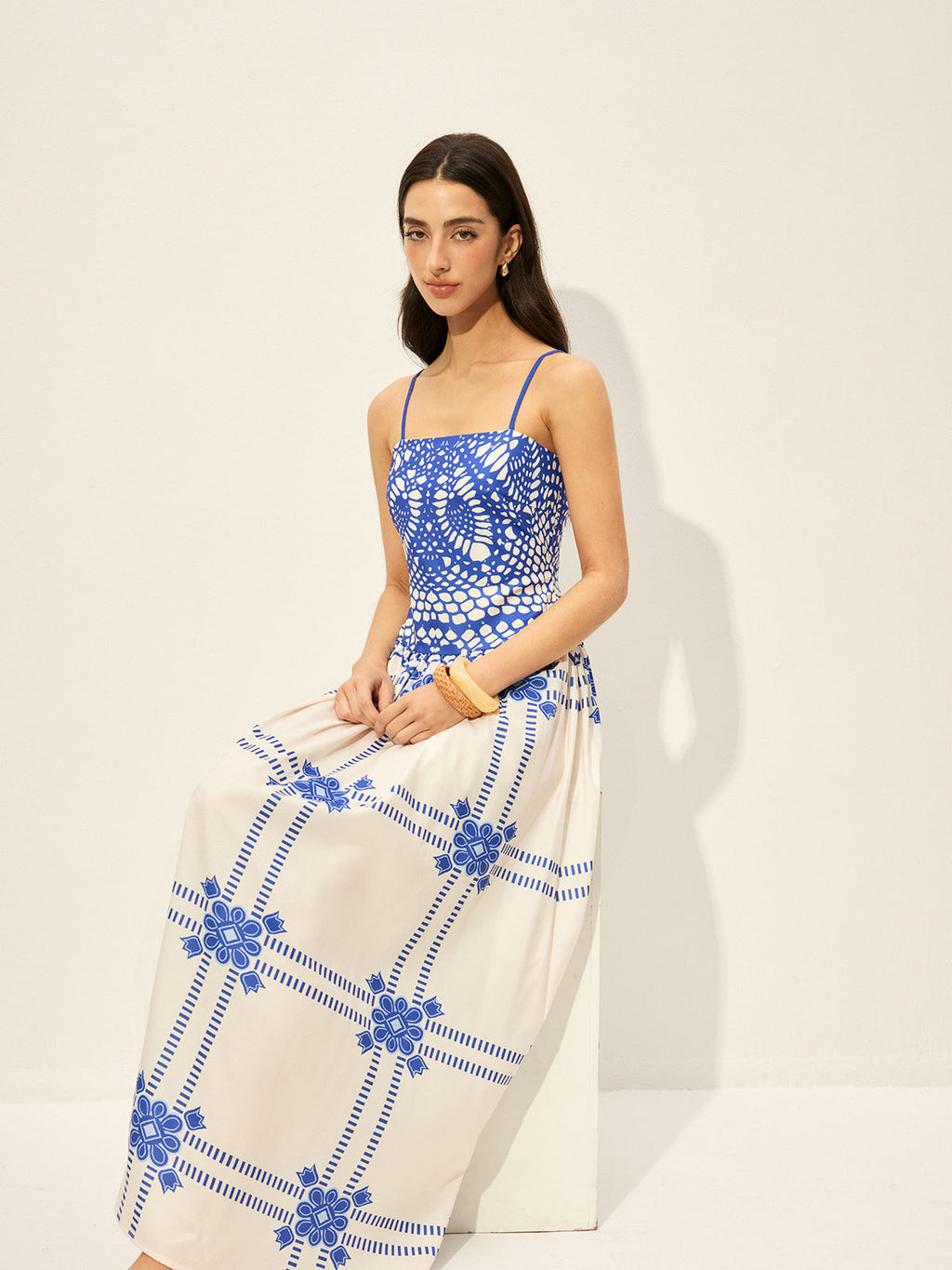 Baskı Ayarlanabilir Spagetti Askılı Fermuarlı Elbise