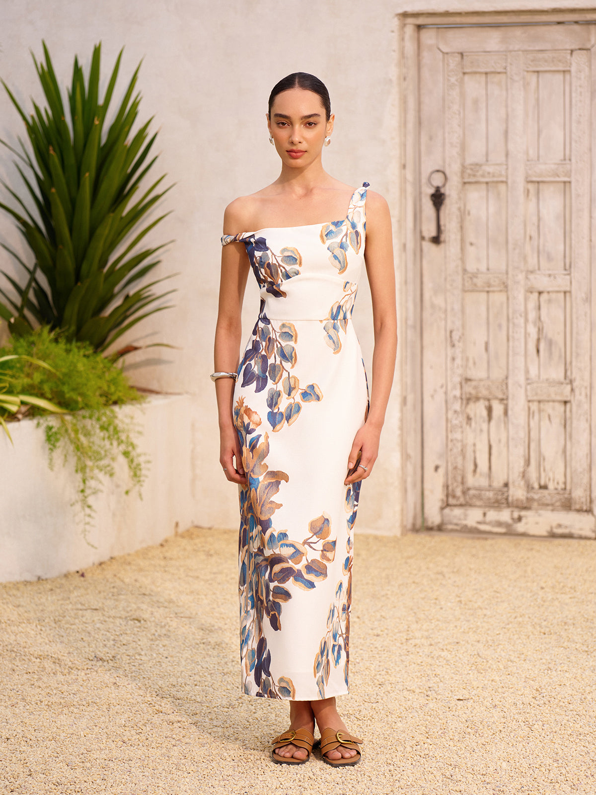 Boho Desenli Asimetrik Yaka Fermuarlı Bölünmüş Elbise