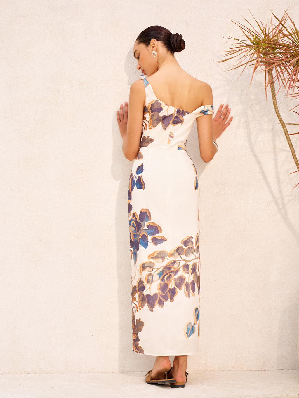 Boho Desenli Asimetrik Yaka Fermuarlı Bölünmüş Elbise