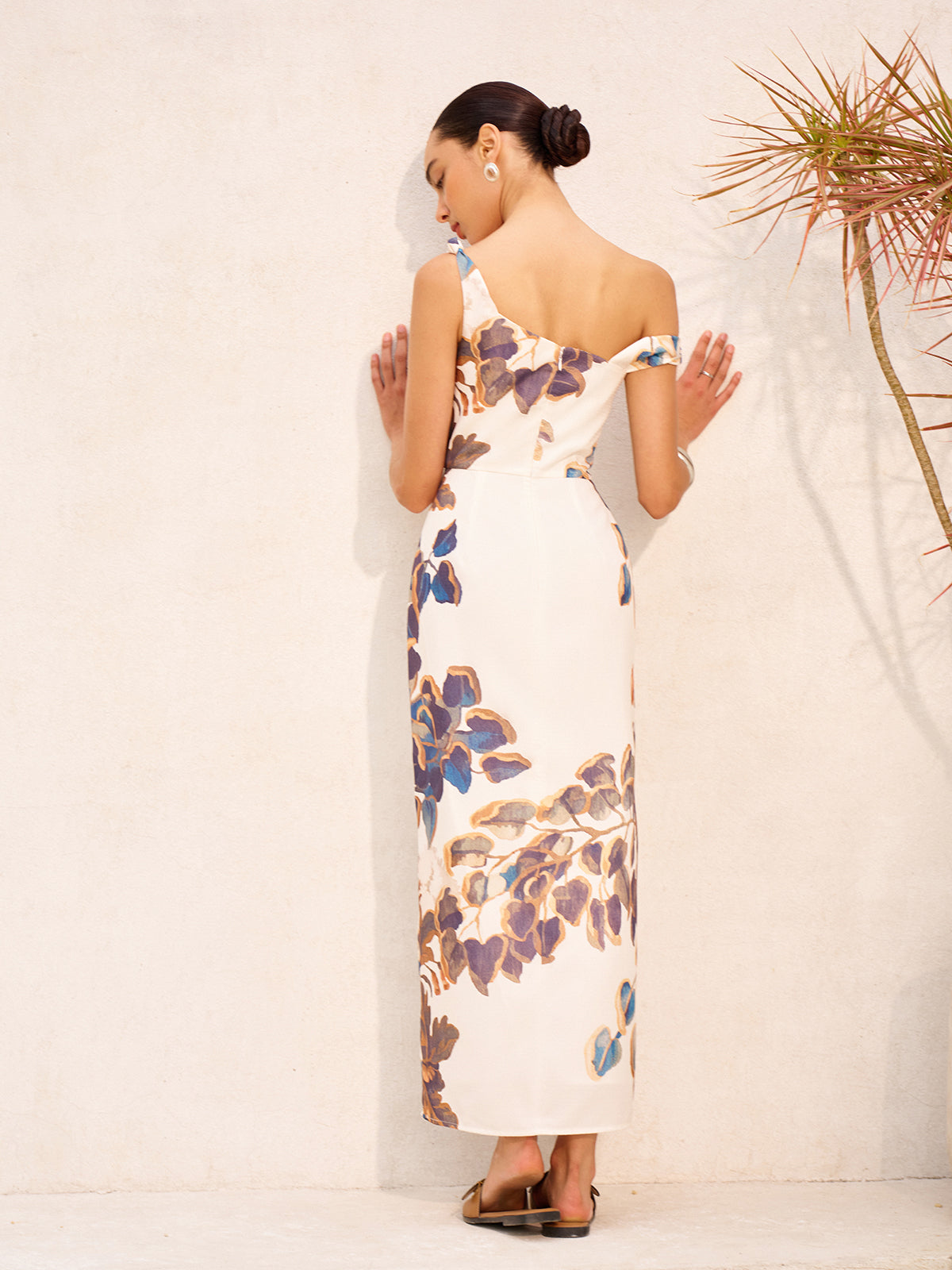 Boho Desenli Asimetrik Yaka Fermuarlı Bölünmüş Elbise