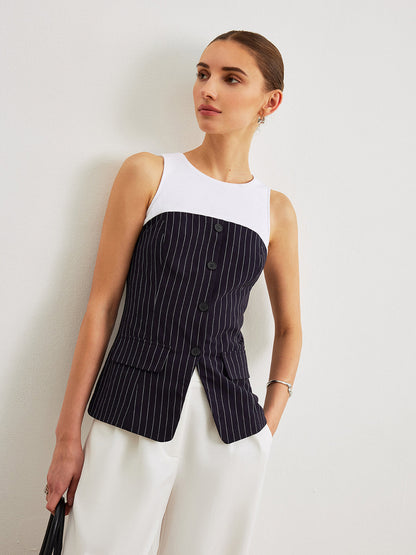 Dekor Cepli Pinstripe Düğme Detaylı Üst