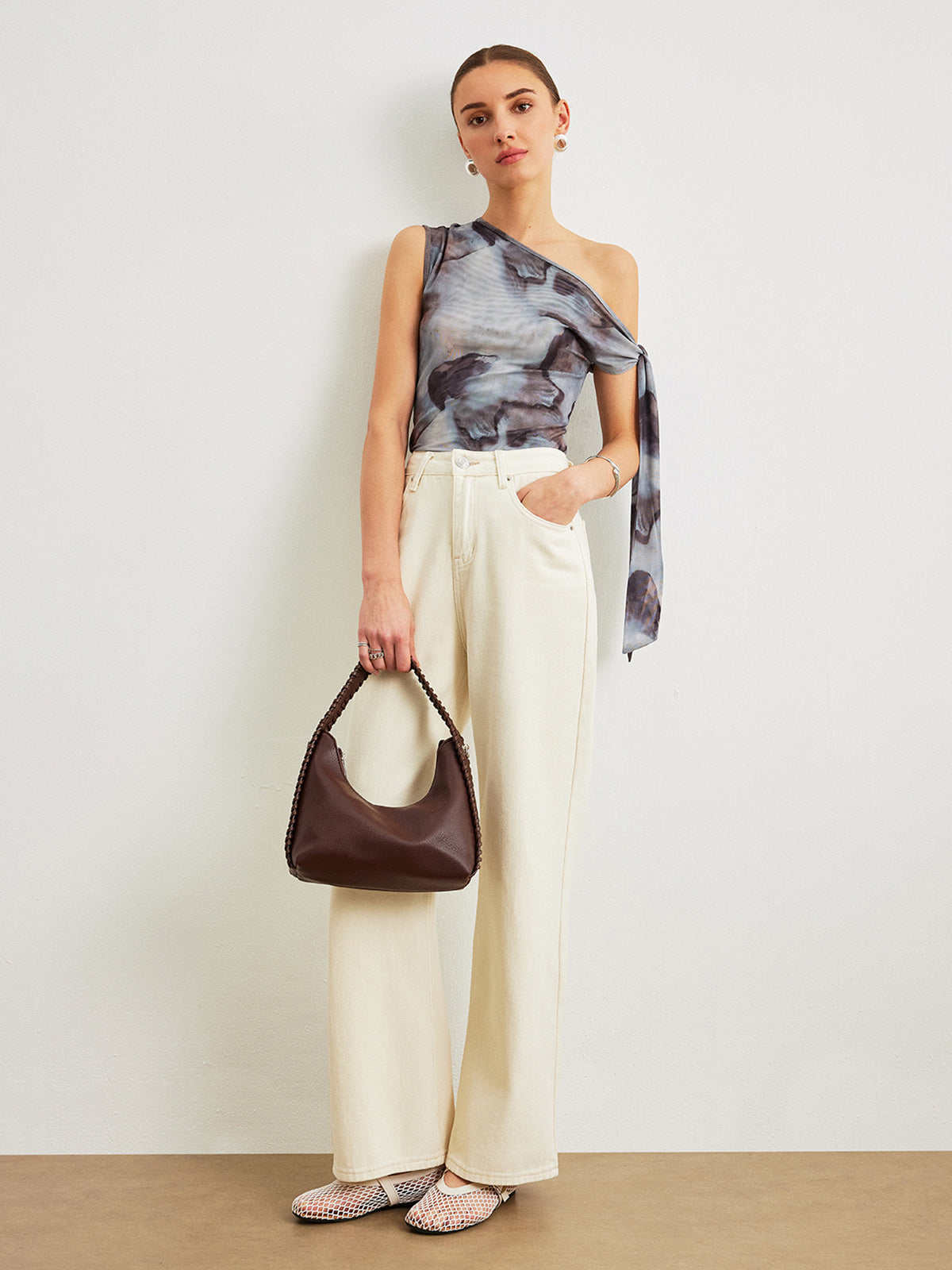 Boho Desenli Asimetrik Yakalı File Drapeli Bluz