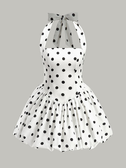 Polka Dot Fiyonk Askılı Fermuarlı Elbise