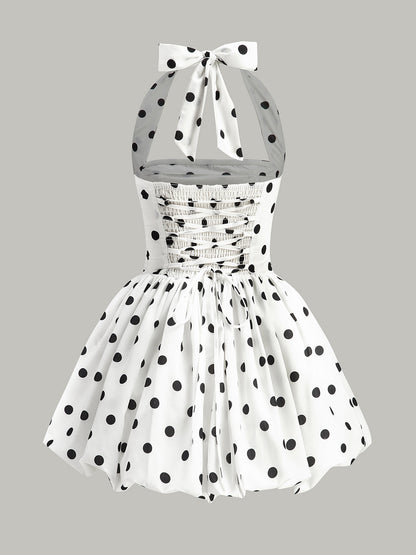 Polka Dot Fiyonk Askılı Fermuarlı Elbise