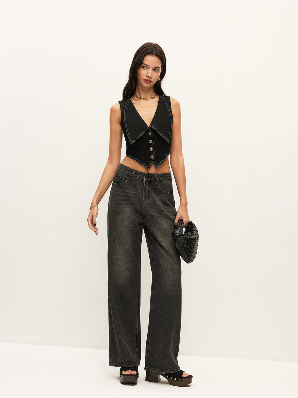 Yakalı Düğmeli Kot Üst