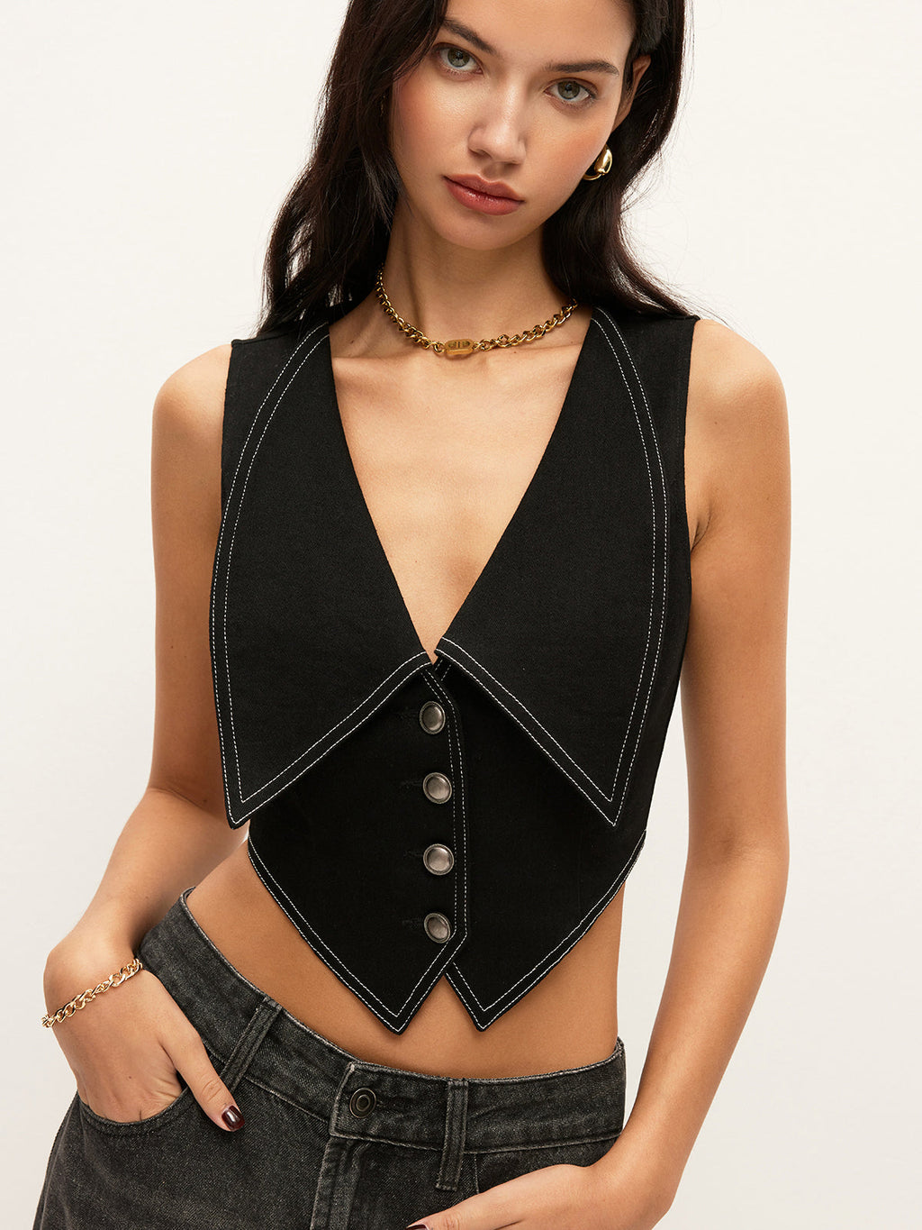 Yakalı Düğmeli Kot Üst