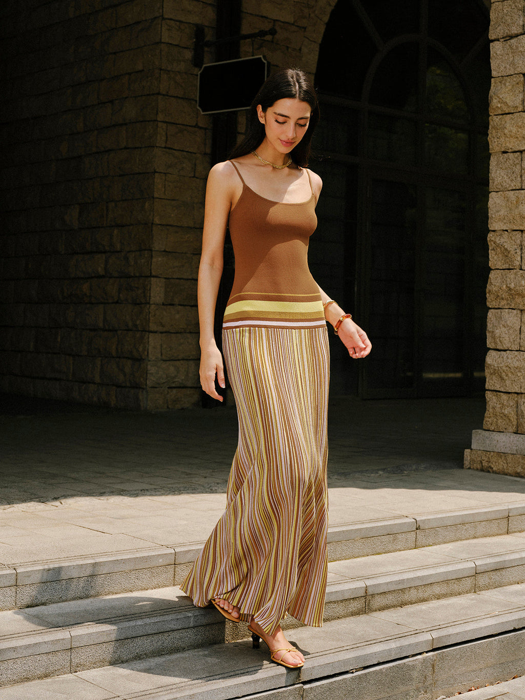 Çizgili Örgü Askılı Elbise