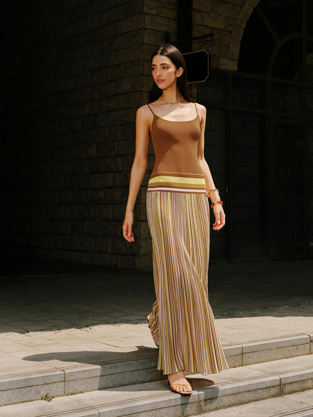 Çizgili Örgü Askılı Elbise