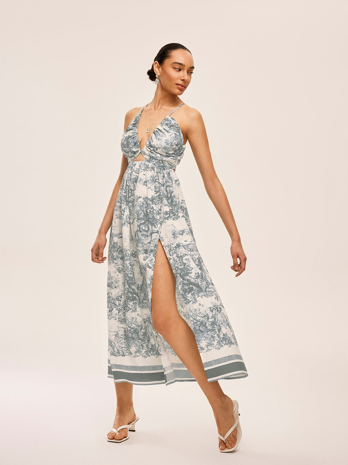 Baskılı Kontrast Kenarlı Düğümlü Bölünmüş Elbise