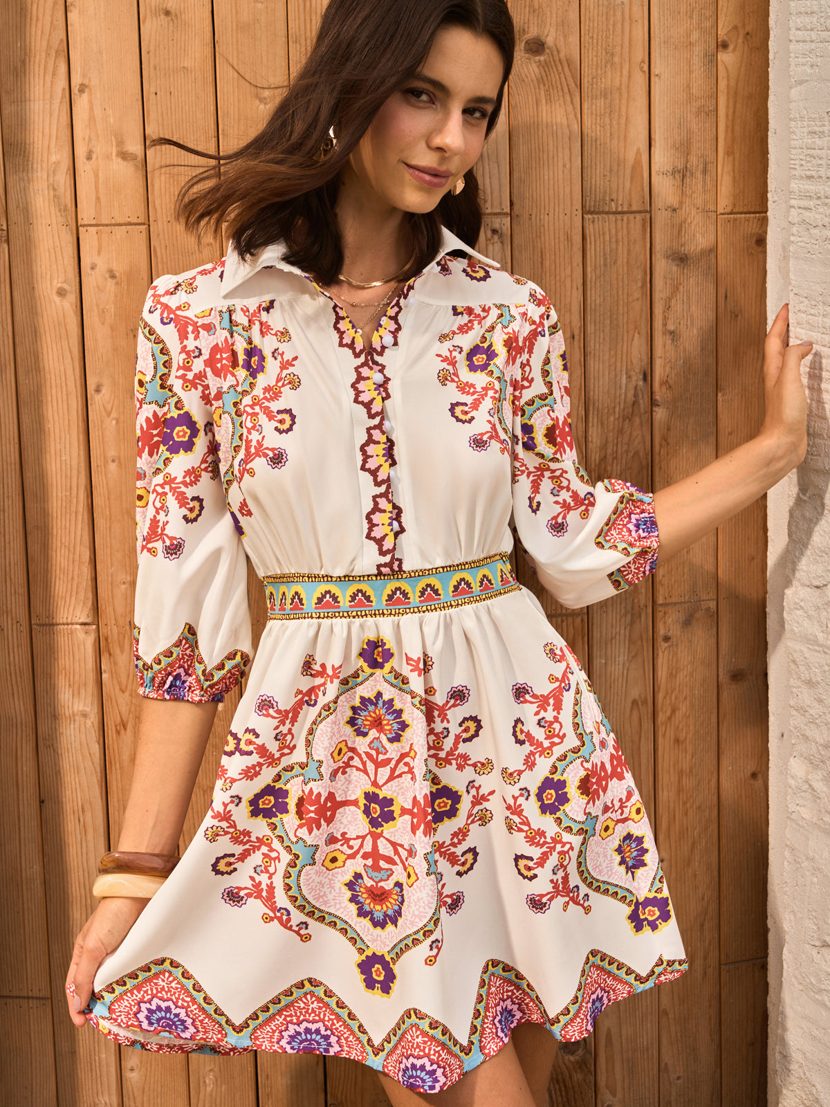 Boho Çiçek Desenli Yakalı Elbise