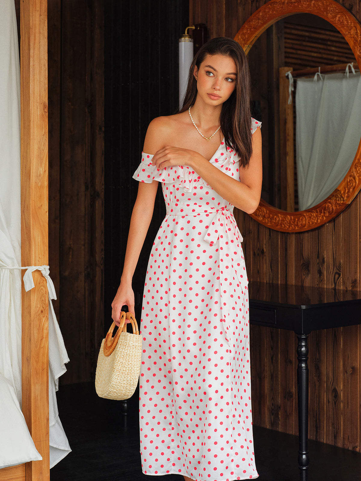 Polka Dot Volanlı Bağcıklı Bel Elbise