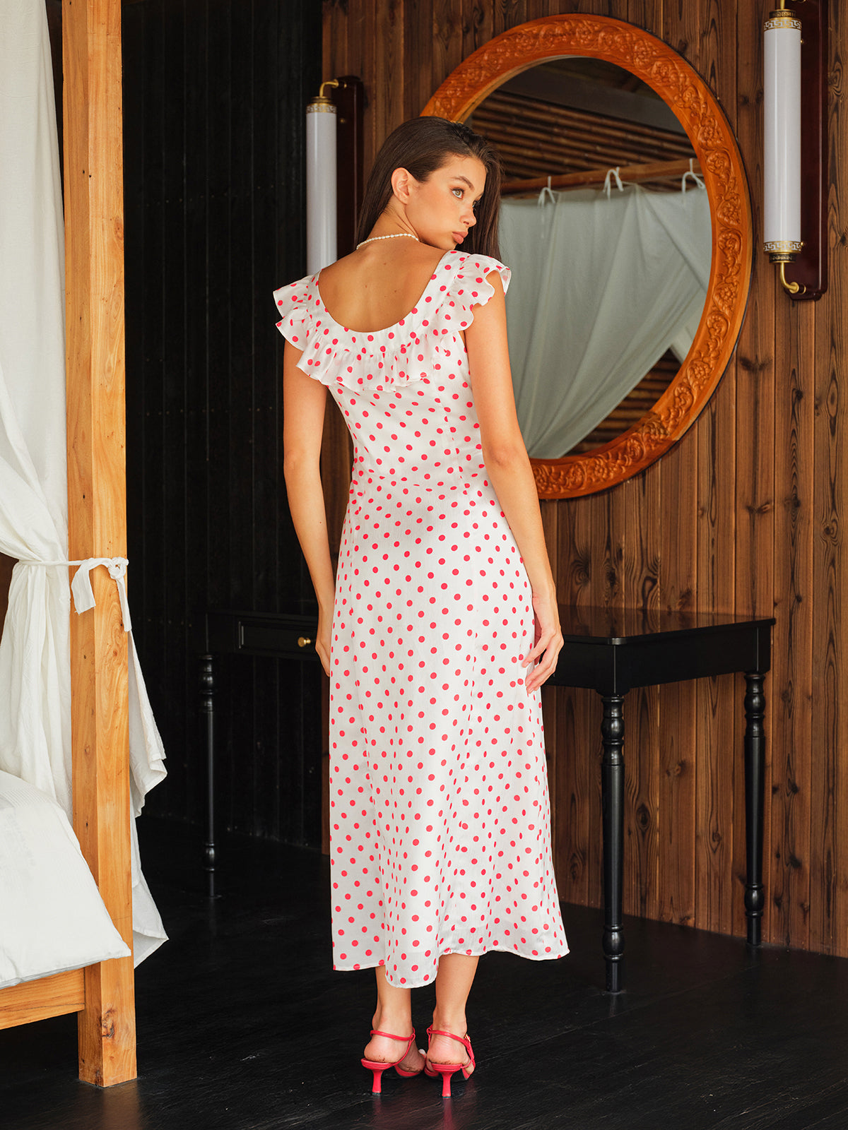 Polka Dot Volanlı Bağcıklı Bel Elbise