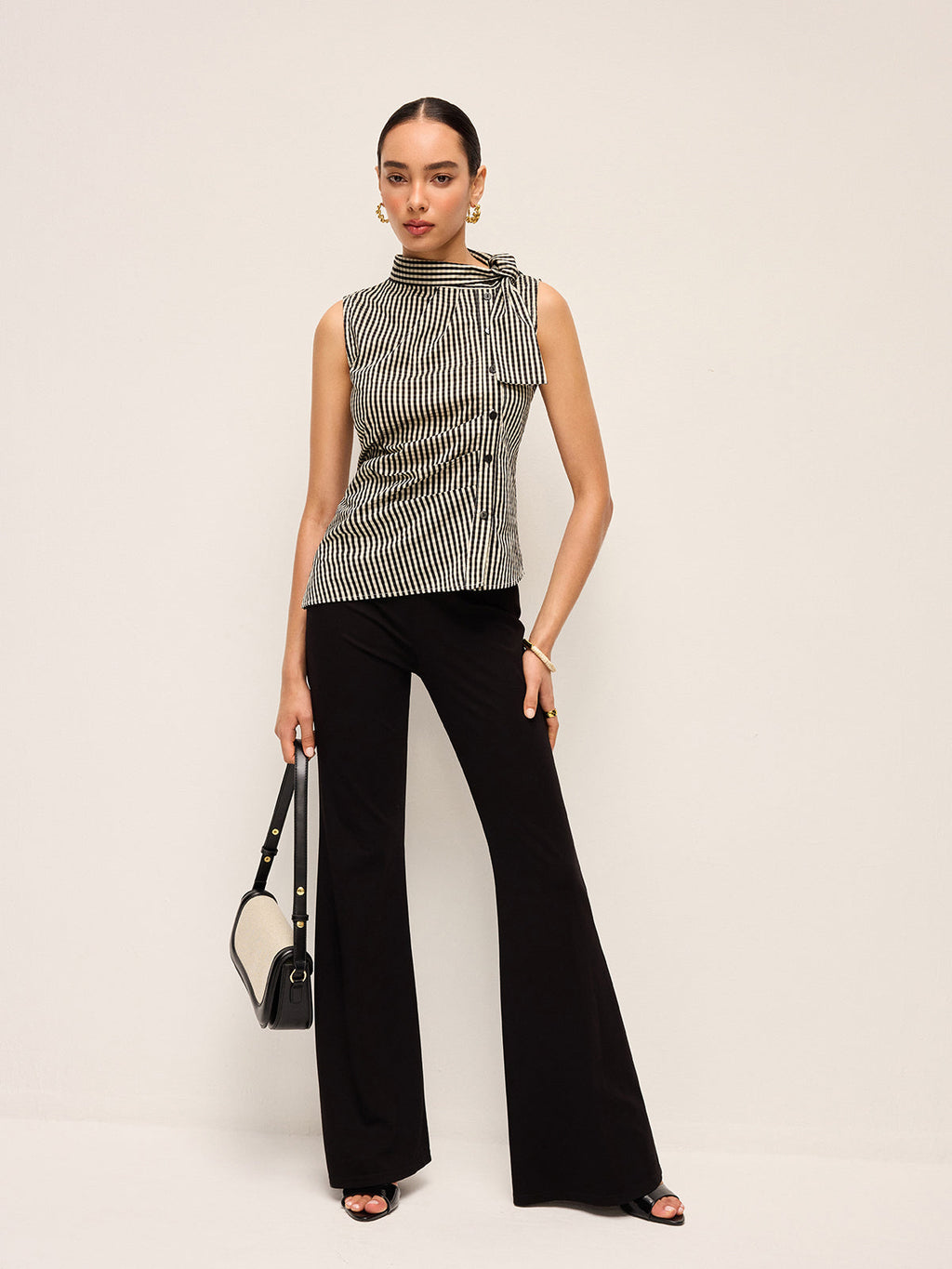 Asimetrik Yaka Gingham Düğmeli Üst