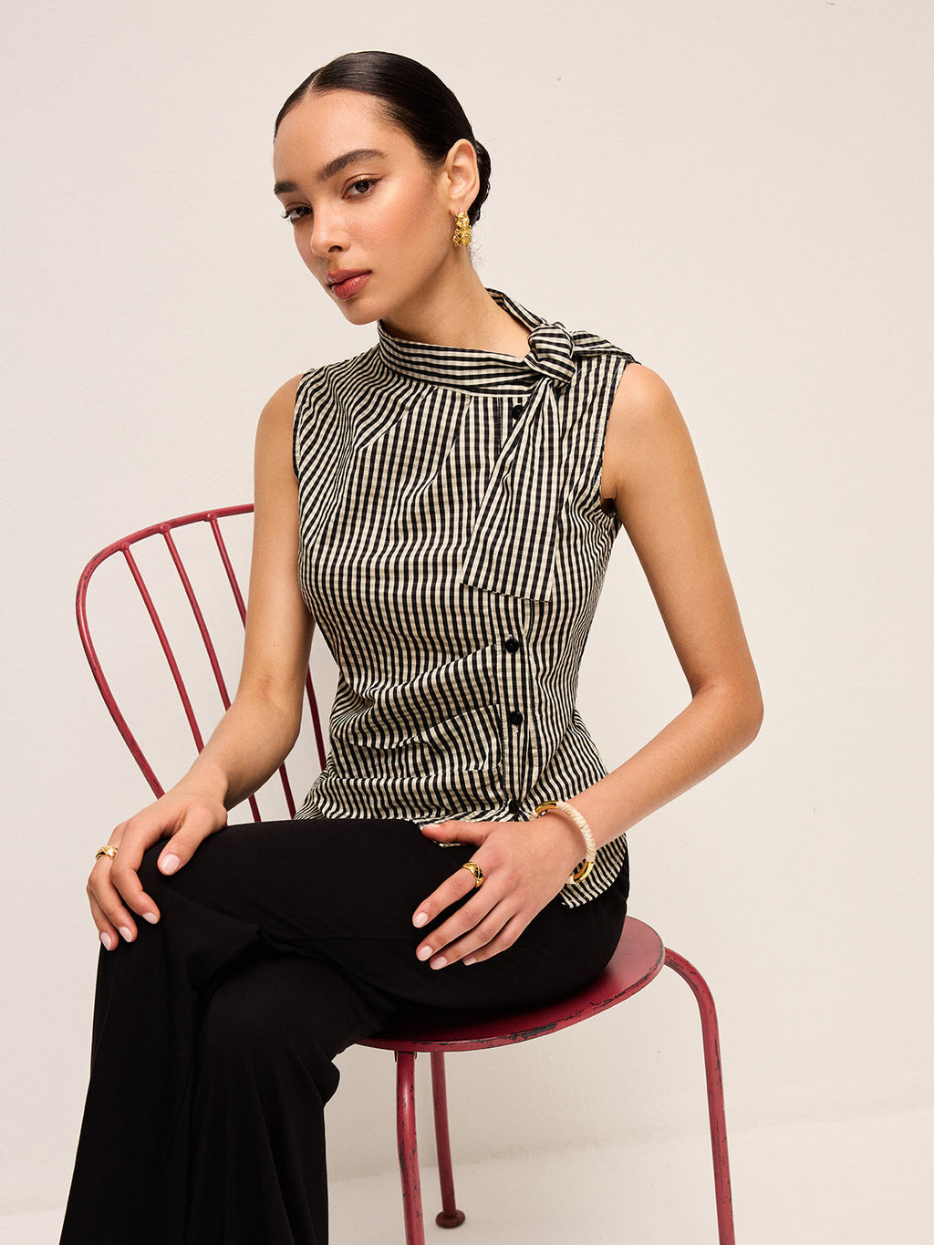 Asimetrik Yaka Gingham Düğmeli Üst