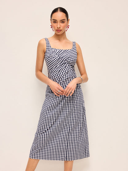 Asimetrik Pileli Kolsuz Gingham Elbise