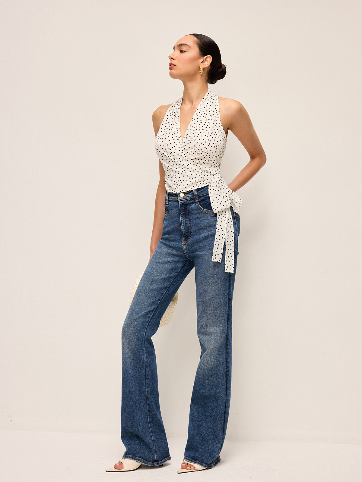 Yarı Şeffaf Polka Dot Sarma Askılı Üst