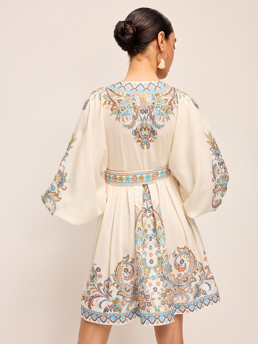 Boho Kemerli V Yakalı Balon Kollu Elbise