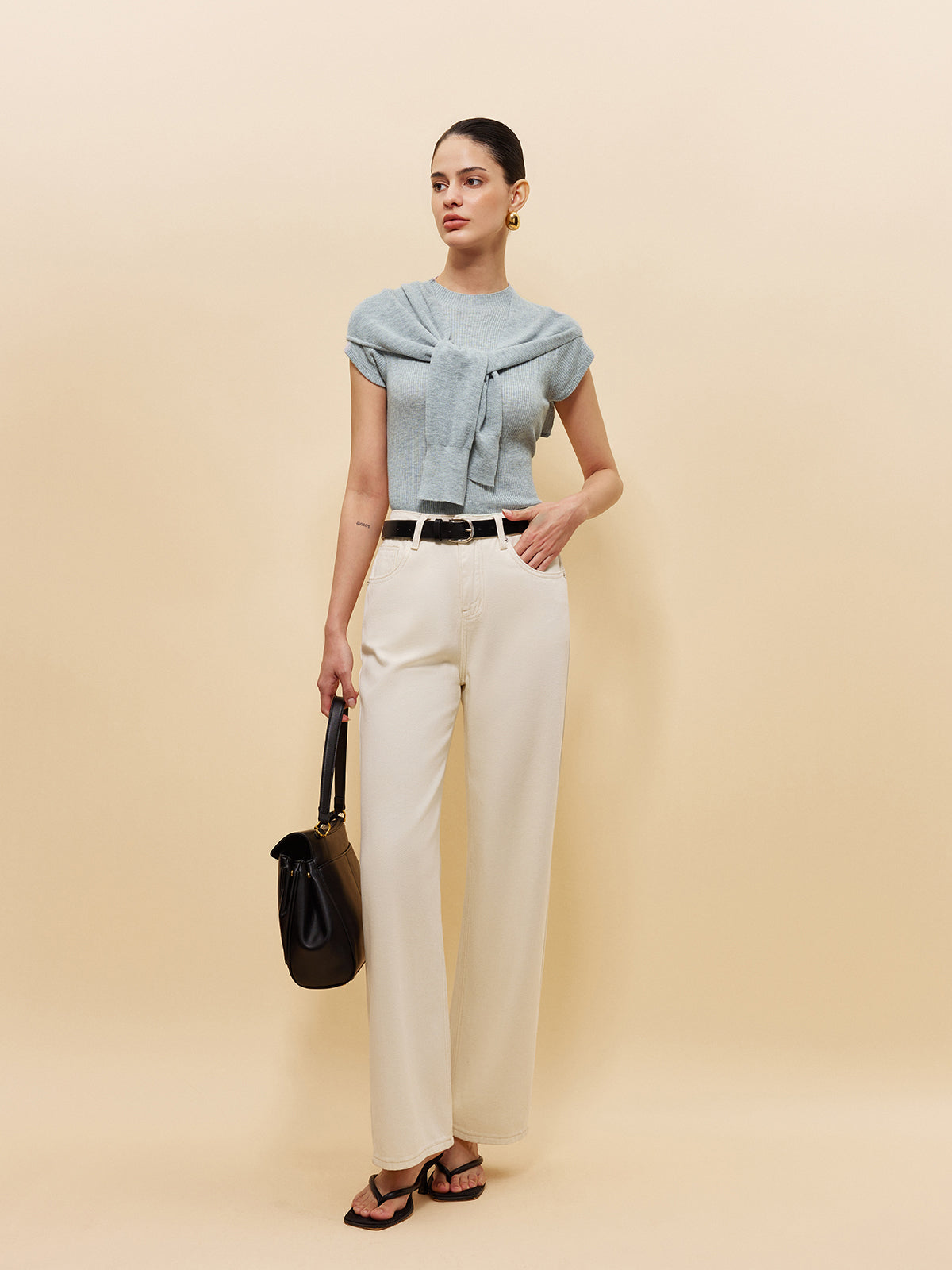 Yün Karışımlı Yünlü Örgü Üst, Bağcıklı Şal Detayı